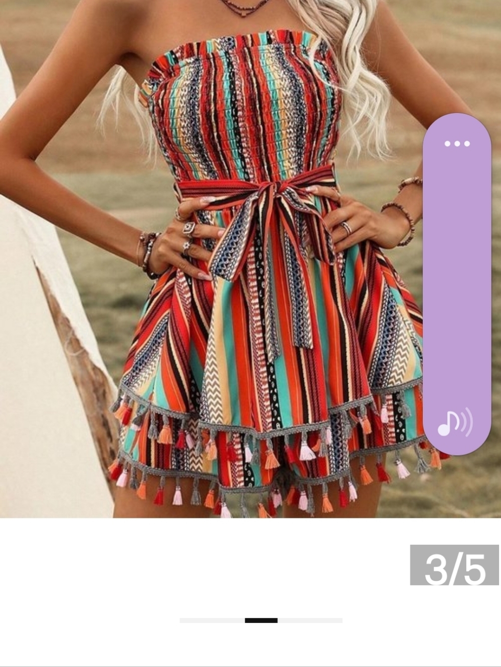 Multicolor Boho Womens Geo Print Tassel Trim Belted Tube Romper